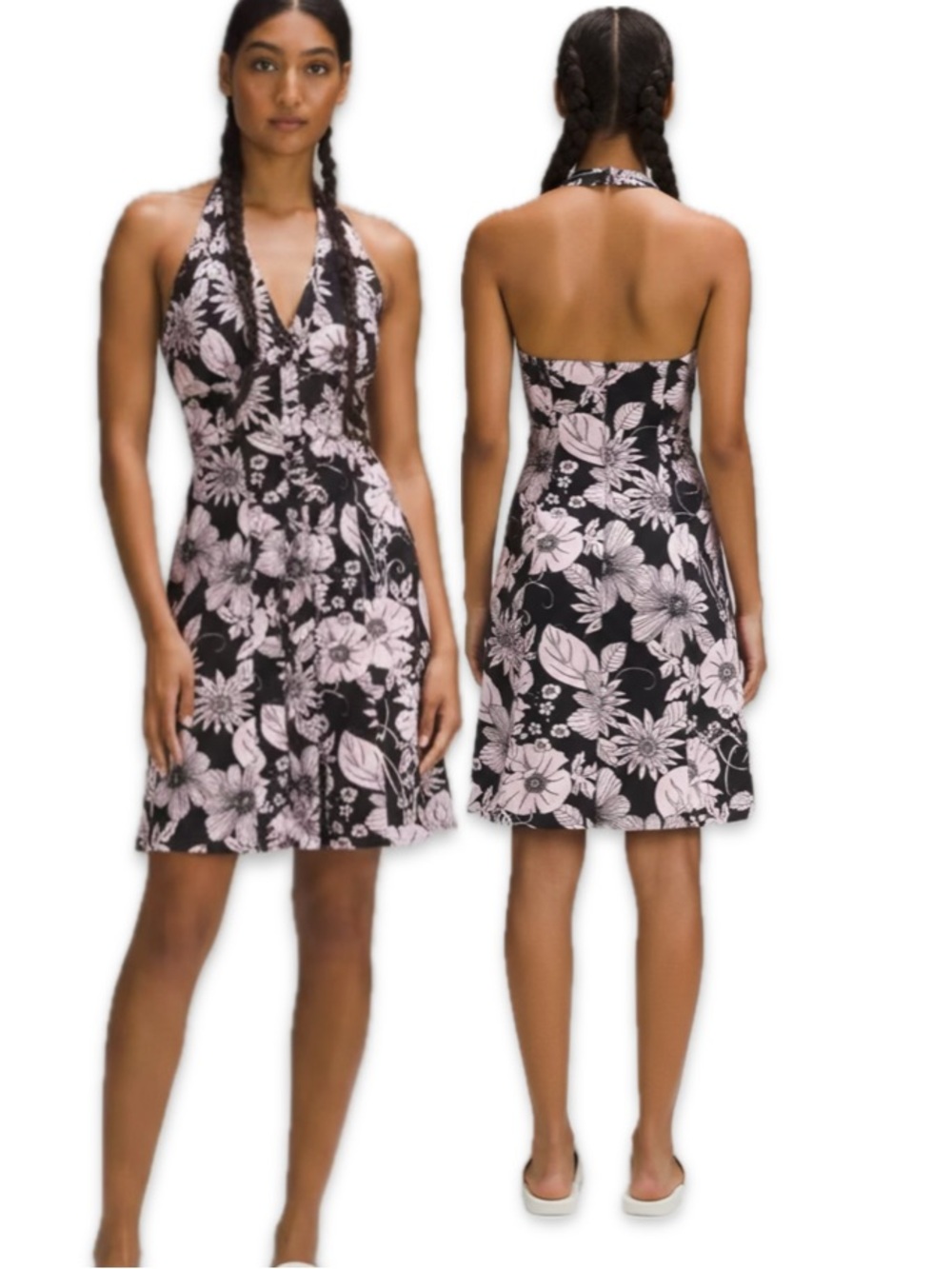 FMX Design Studio Black Pink Floral Halter Button Front A-Line Dress Medium